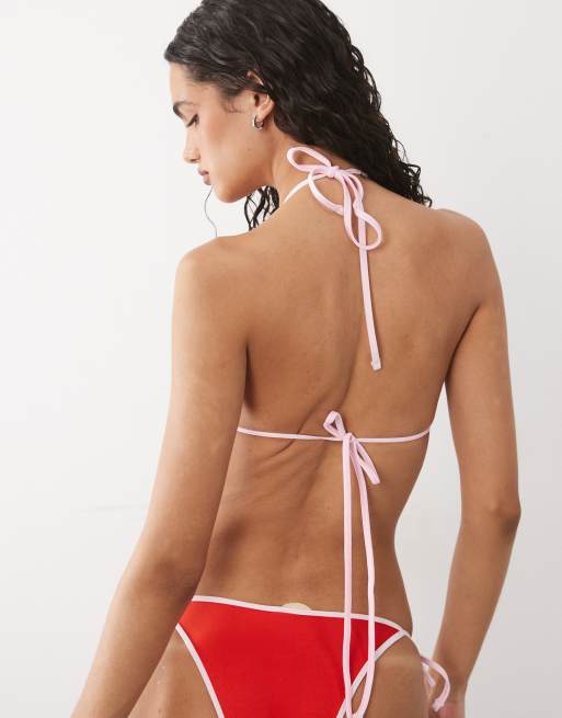 Free Society triangle bikini top with contrast trim in pink, 3 of 4