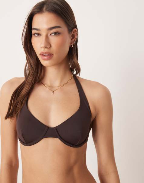 Free Society underwire halterneck bikini top in dark brown