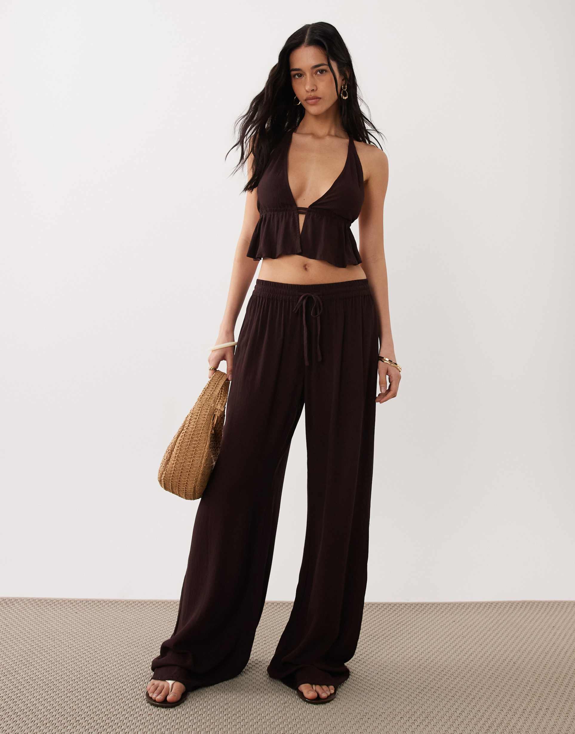 free society wide leg beach pants in dark brown