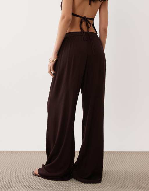 Free Society wide leg beach pants in dark brown, 3 of 5