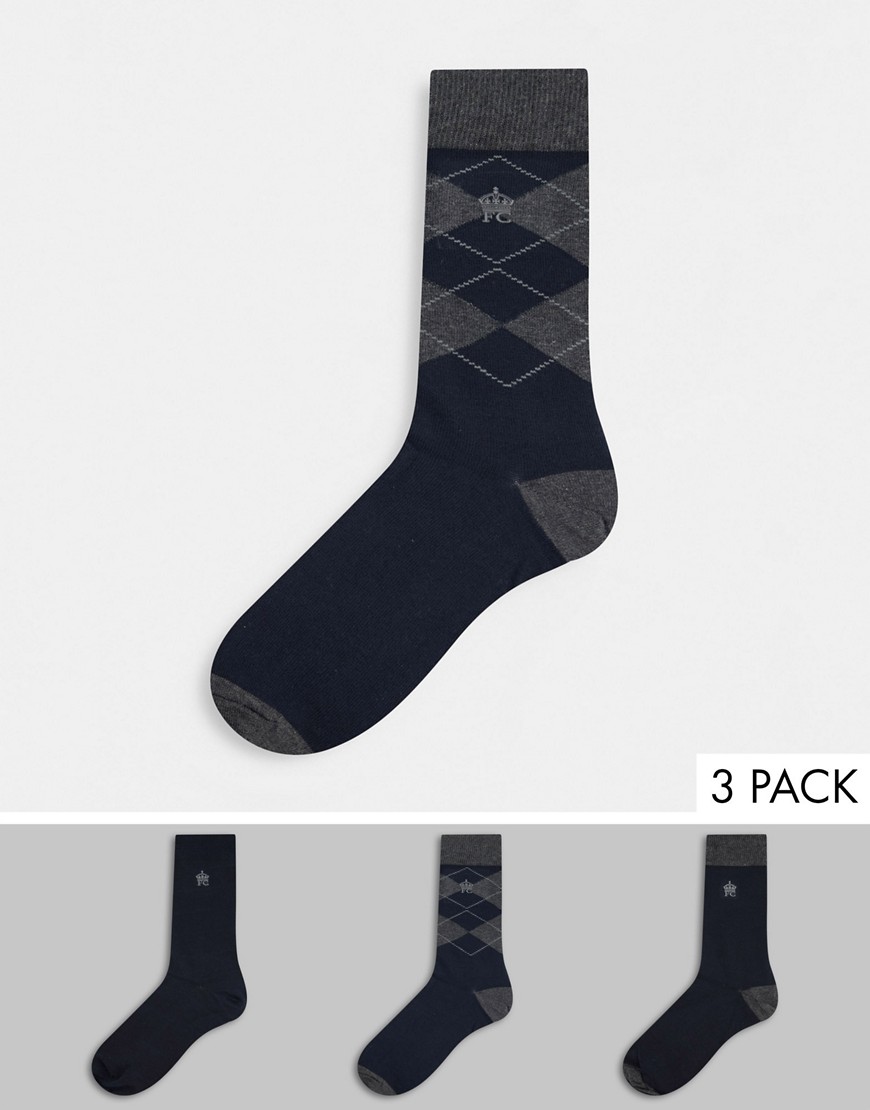 French Conenction C 3-pack socks in argyle print-Navy