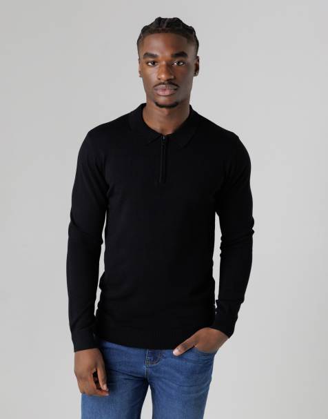 French Connection 1/2 zip long sleeve polo shirt in black
