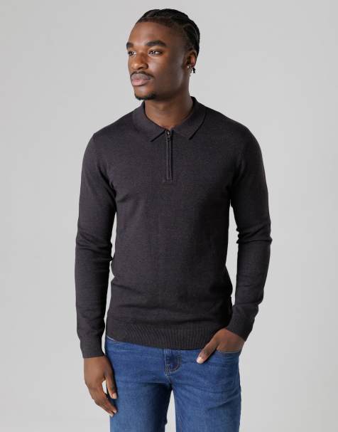 French Connection 1/2 zip long sleeve polo shirt in charcoal - view 1