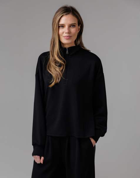 French Connection 1/2 zip luxe funnel neck fleece in black - view 1