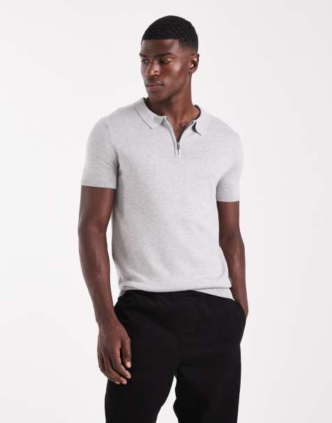 French Connection 1/2 zip short sleeve polo shirt in light grey - view 1