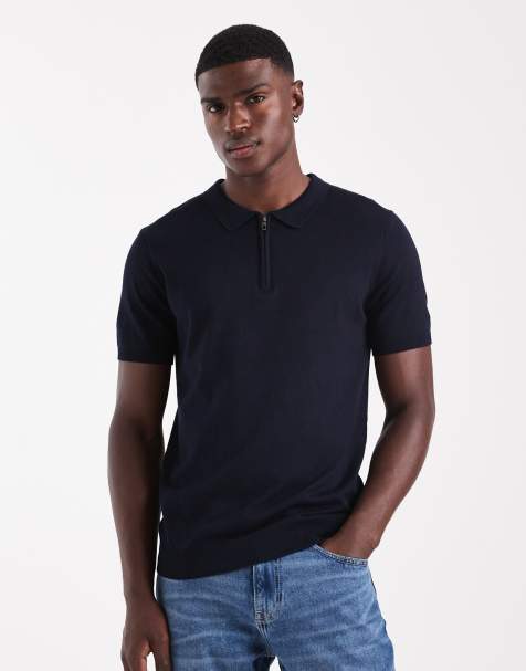 French Connection 1/2 zip short sleeve polo shirt in navy - view 1
