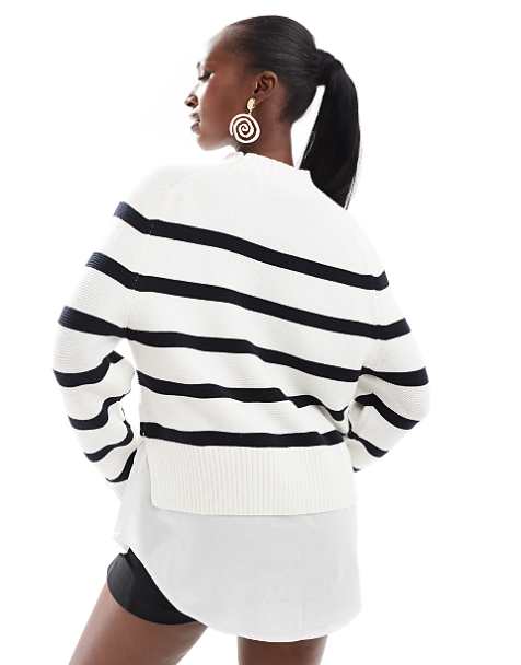 French Connection 2 in 1 funnel neck jumper with shirt underlay in white and black stripe - view 1