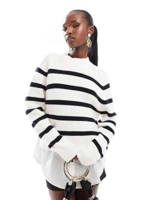 French Connection 2 In 1 Funnel Neck Sweater With Shirt Underlay In White And Black Stripe-multi