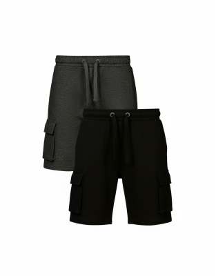 French Connection 2 pack cotton blend jersey cargo-style shorts in black