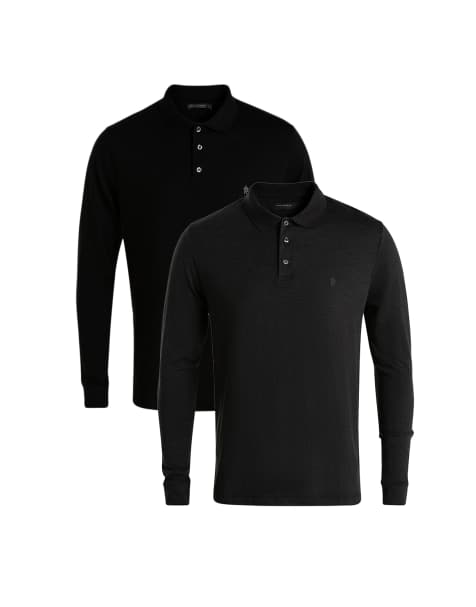 French Connection 2 pack cotton long sleeve polo shirts in black
