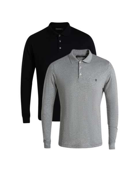 French Connection 2 pack cotton long sleeve polo shirts in navy - view 1