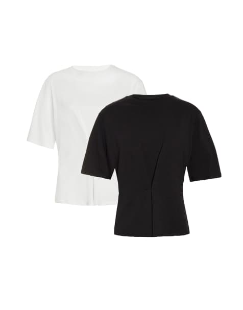 French Connection 2 pack cotton pleated crew neck 3/4 length sleeve tops in black - view 1