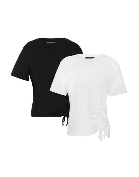 French Connection 2 pack cotton ruched seam crew neck short sleeve tops in black