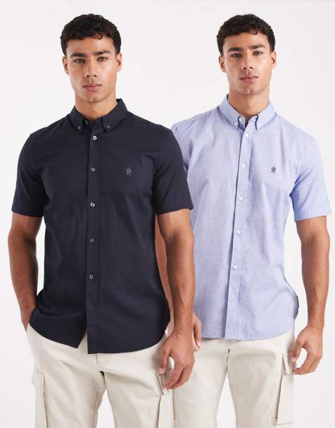 French Connection 2 pack cotton short sleeve oxford shirts in blue - view 1