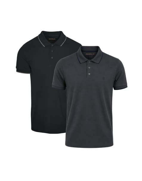 French Connection 2 pack cotton short sleeve pique polo shirts in black