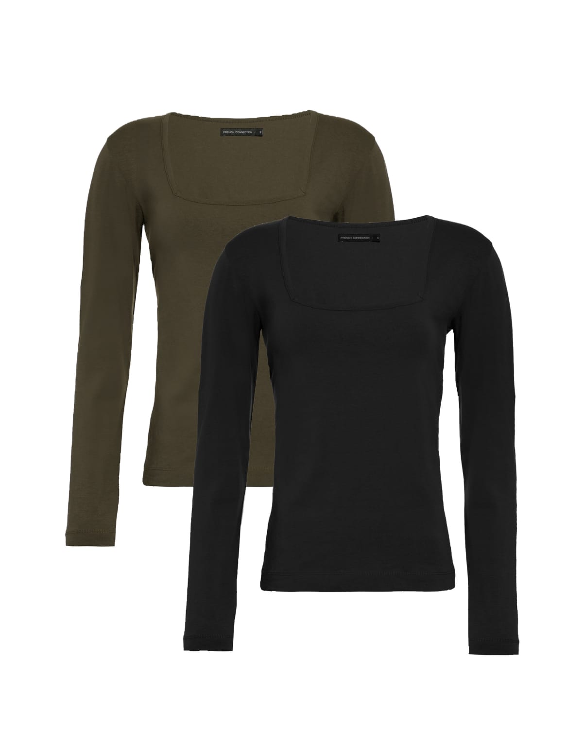 French Connection 2 pack cotton square neck long sleeve tops in khaki