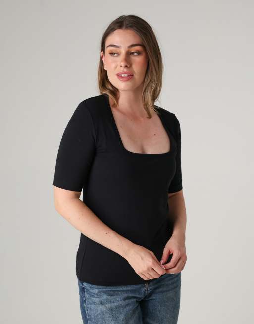 French Connection 2 pack cotton square neck short sleeve tops in black, 3 of 4
