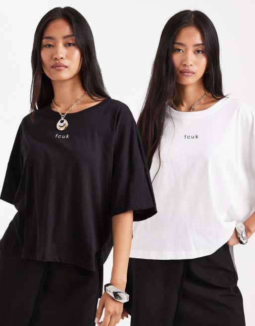 French Connection 2 pack fcuk cotton crew neck boxy fit short sleeve t-shirts in black