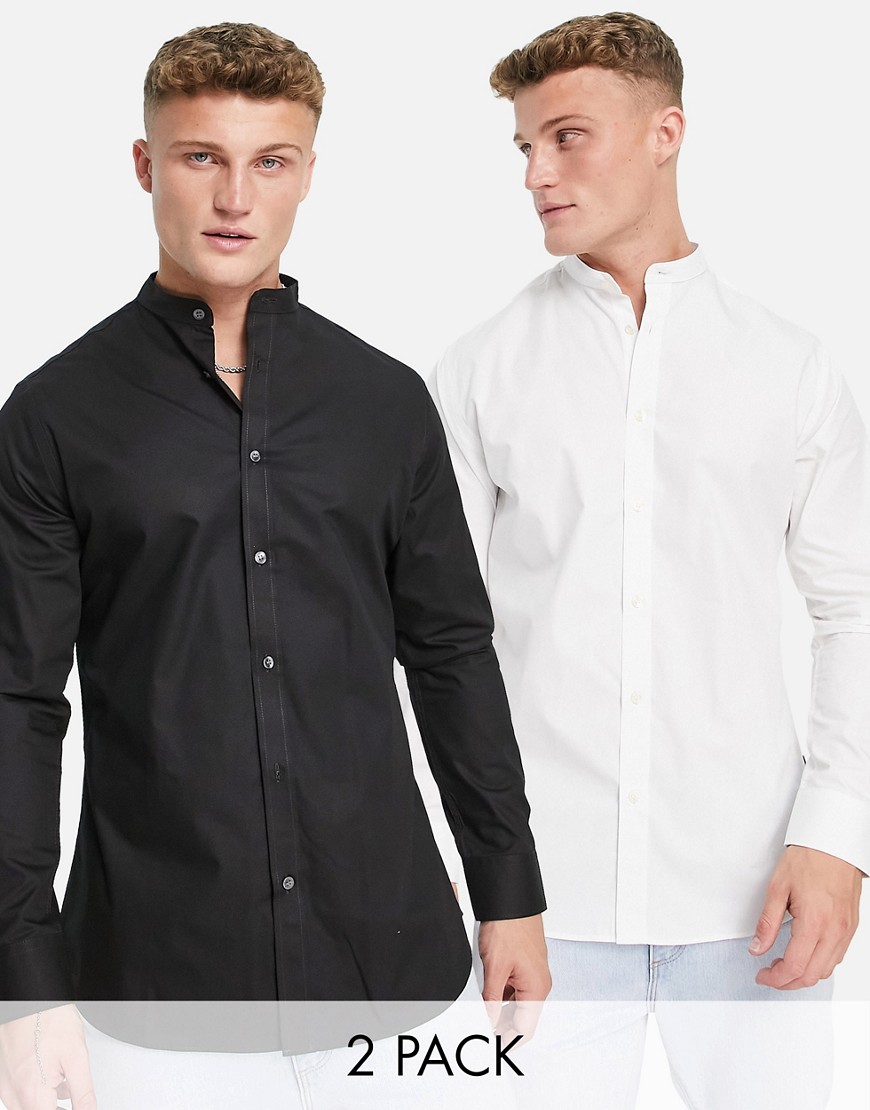 French Connection 2 pack grandad collar shirts in white and black