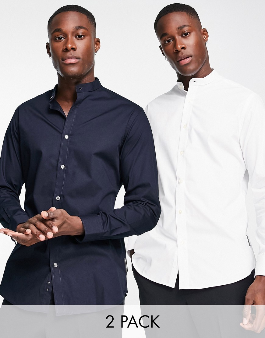 French Connection 2 pack grandad collar shirts in white and navy