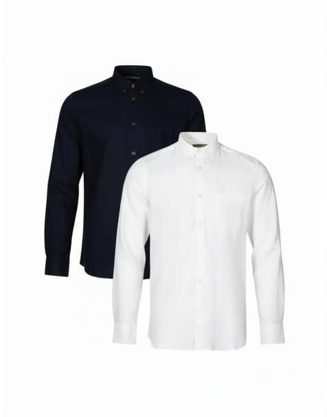 French Connection 2 pack linen blend long sleeve chest pocket shirt in navy