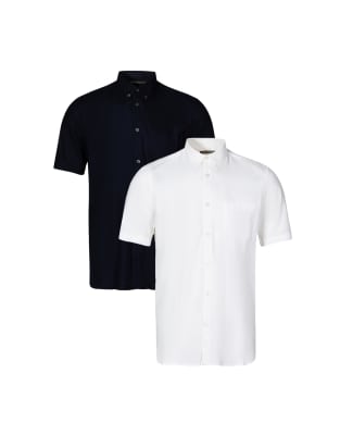 French Connection 2 pack linen blend short sleeve chest pocket shirts in navy