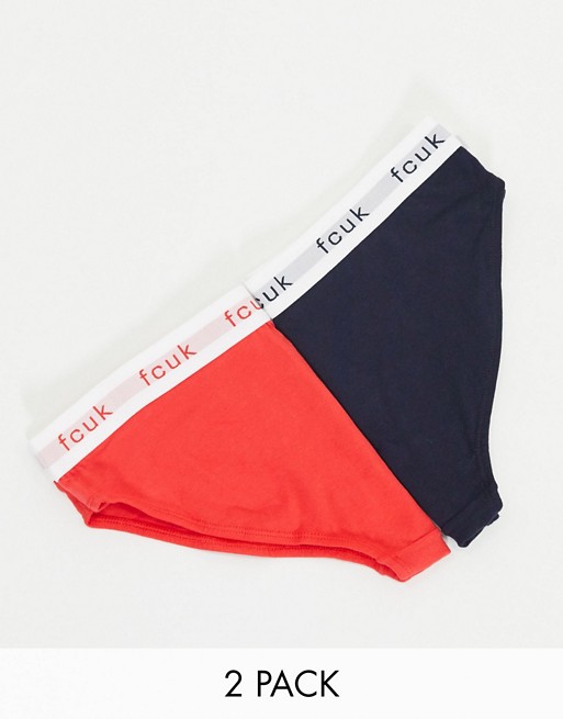 French Connection 2 pack plain FCUK briefs in coral and black