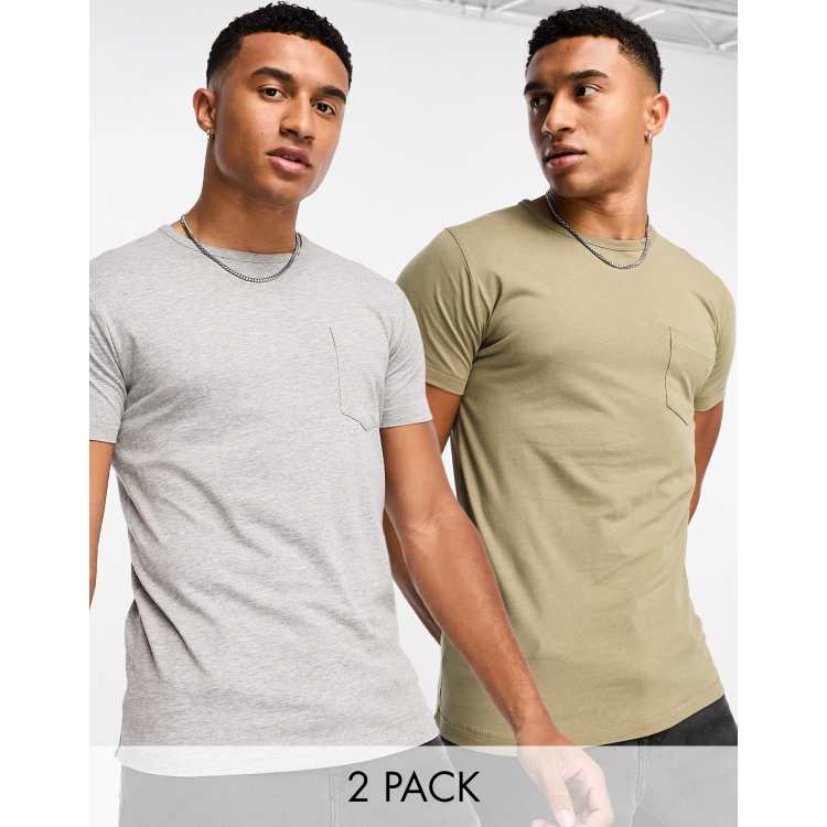 French Connection 2 pack pocket t-shirt in light olive & light gray