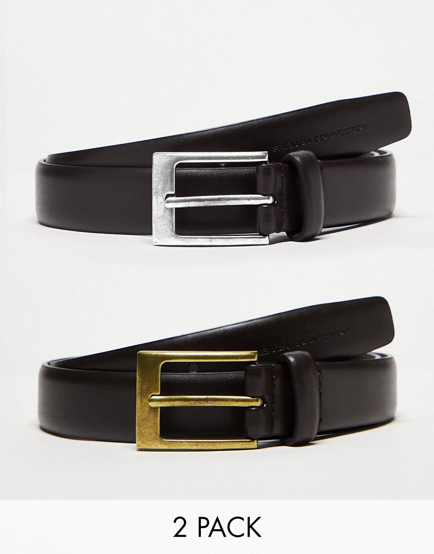 French Connection 2 pack prong leather buckle belt in black & brown