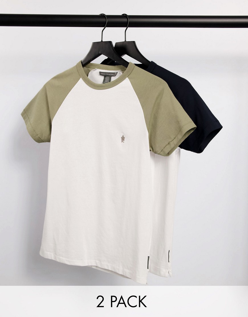 French Connection 2-pack raglan T-shirts in white/khaki and white/navy-Multi