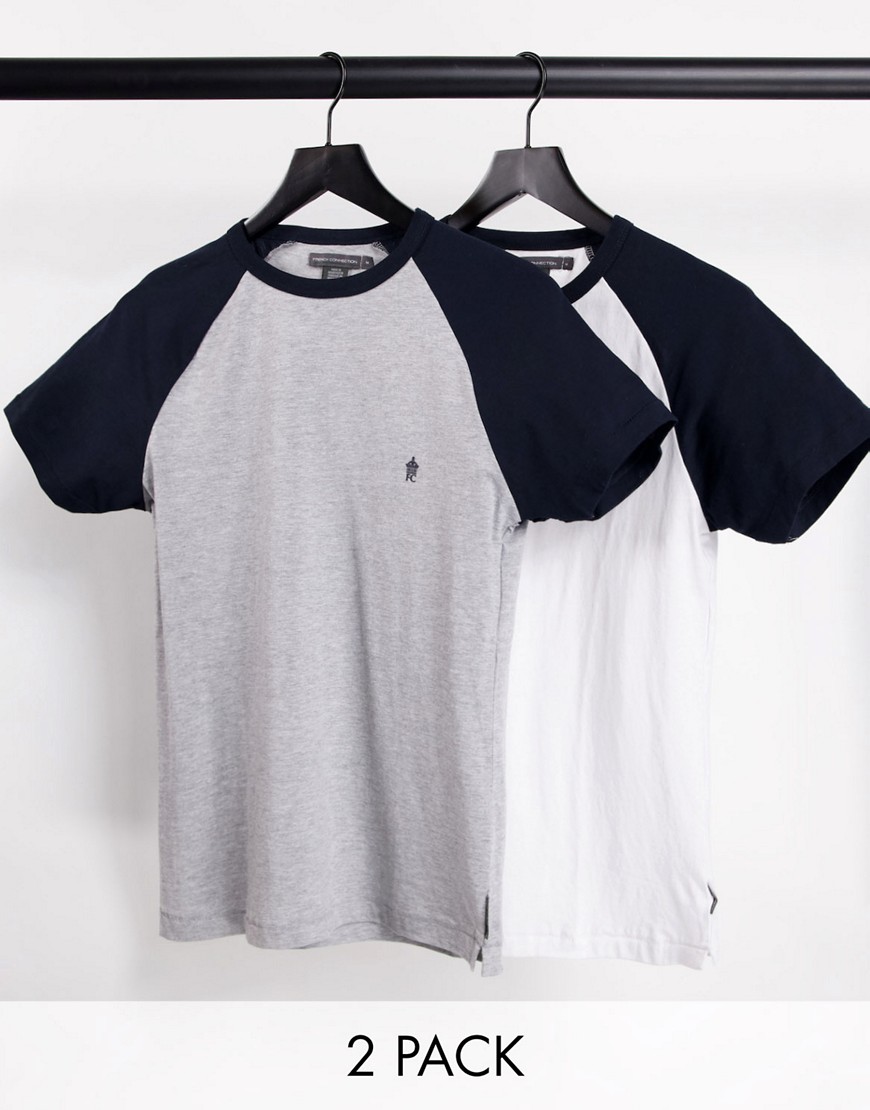 French Connection 2 pack raglan t-shirts in white/navy and light gray/navy-Multi
