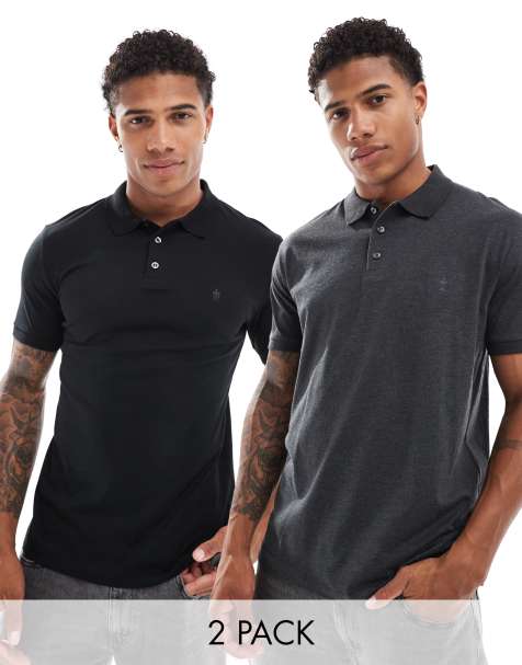 French Connection 2 pack short sleeve polo in black and charcoal - view 1