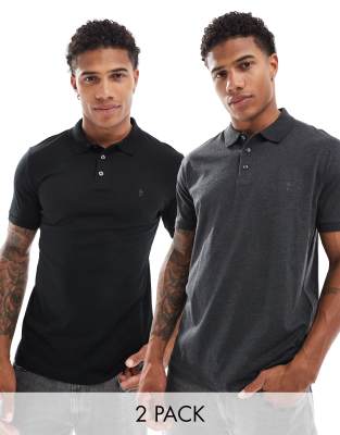 French Connection 2 pack short sleeve polo shirt in black and charcoal-Multi