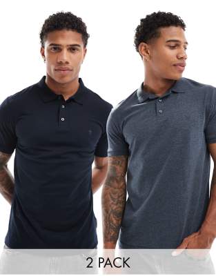 French Connection 2 pack short sleeve polo shirt in navy and melange-Multi