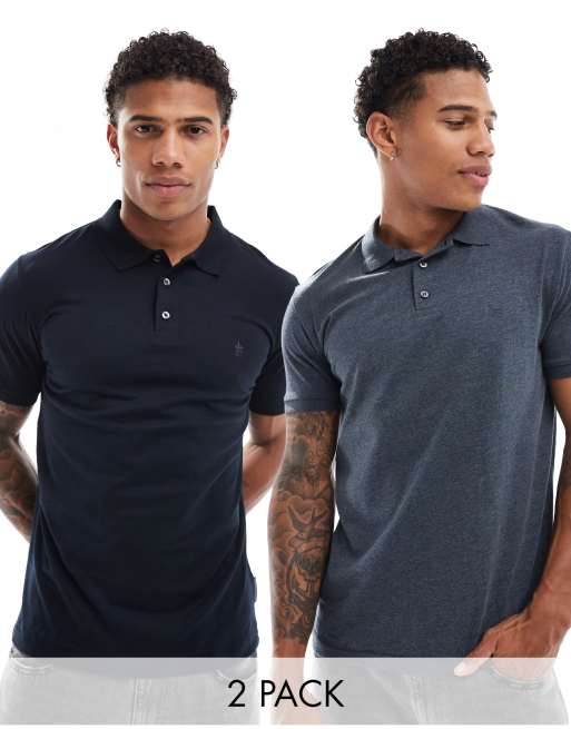 French Connection 2 Pack Short Sleeve Polo Shirt in Navy and melange Multi