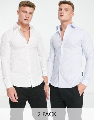 French Connection 2 pack skinny formal shirts in white and blue - Click1Get2 Cyber Monday