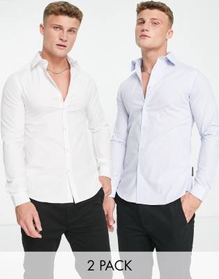 French Connection 2 pack skinny formal shirts in white and blue - Click1Get2 On Sale