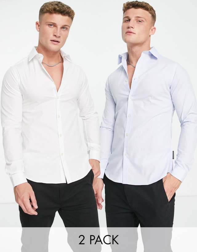 French Connection 2 pack skinny formal shirts in white and blue