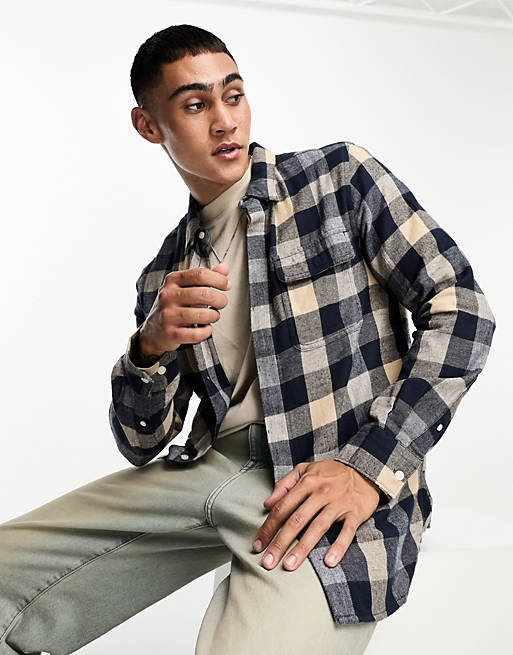 French Connection 2 pocket check flannel overshirt in camel | ASOS