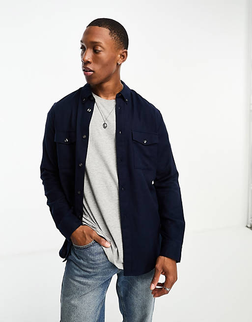 French Connection 2 pocket long sleeve flannel shirt in navy | ASOS