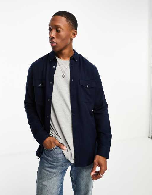 French Connection 2 pocket long sleeve flannel shirt in navy