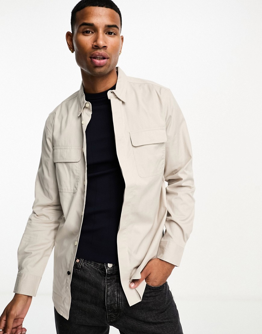French Connection 2 Pocket Overshirt In Stone-neutral