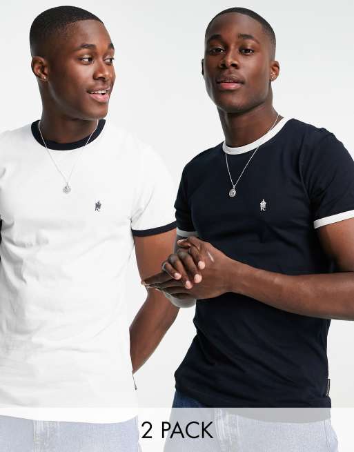French Connection – 2er Pack Ringer-T-Shirts in Marineblau und Weiß