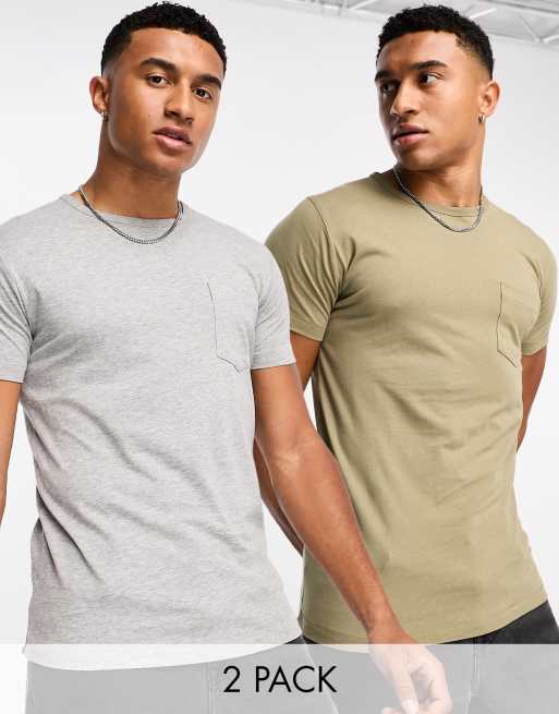 French Connection – 2er-Pack T-Shirts in Hellkhaki und Hellgrau mit Tasche