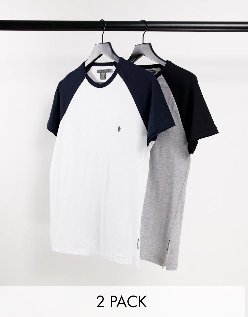 French Connection – 2er-Pack T-Shirts mit Raglanärmeln in Hellgrau, Schwarz und Weiß-Marineblau