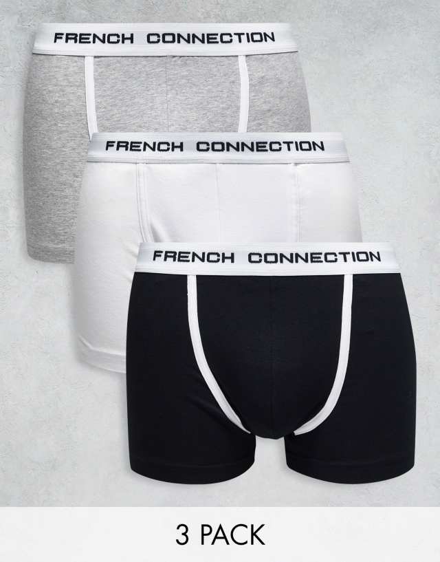 French Connection 3 pack boxers in black white and gray