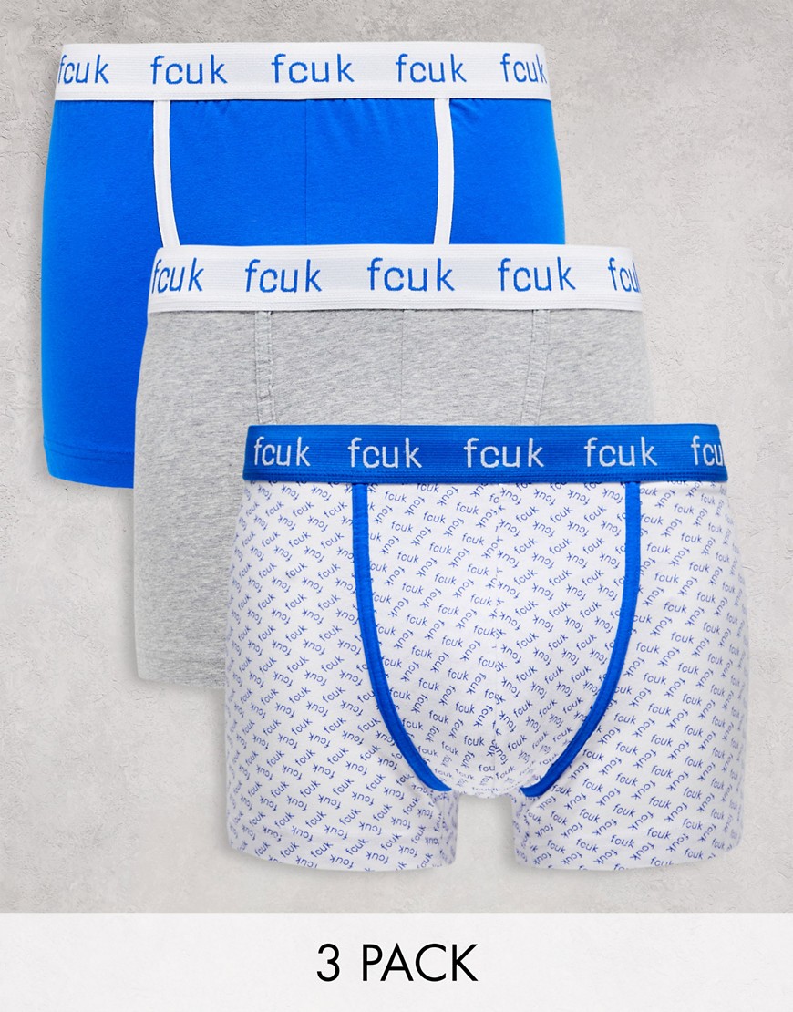 French Connection 3 Pack Trunks In Blue All Over Logo Print