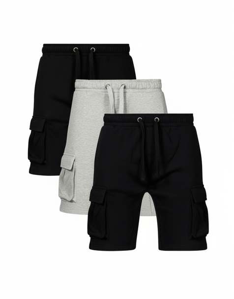French Connection 3 pack cotton blend jersey cargo-style shorts in navy grey & black - view 1