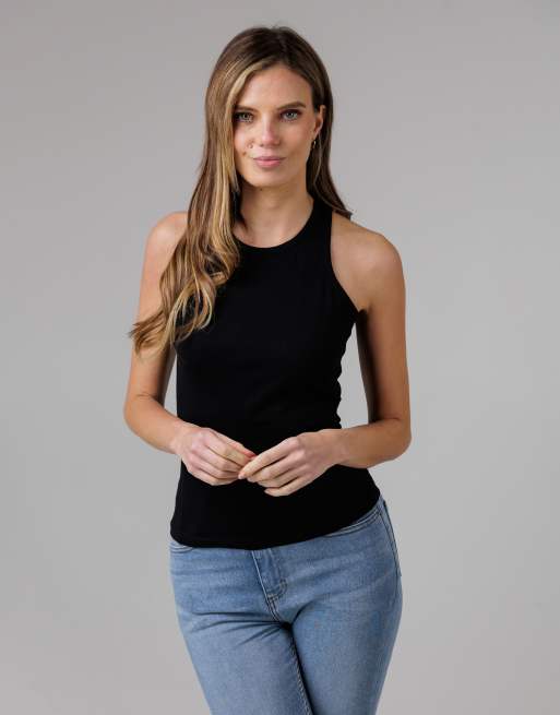 French Connection 3 pack cotton ribbed crew neck racer back vests in black, 3 of 4