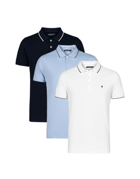 French Connection 3 pack cotton short sleeve pique polo shirts in blue